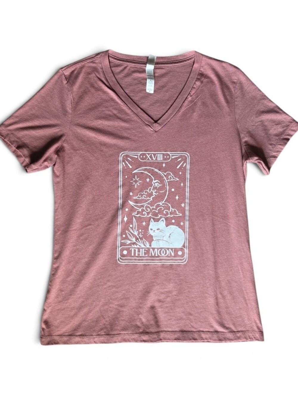 The Moon Tarot Card Graphic V-Neck Tee In Dusty Rose-Size Medium